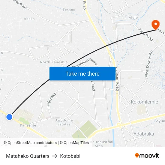 Mataheko Quarters to Kotobabi map