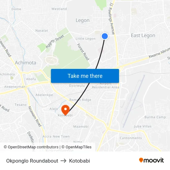 Okponglo Roundabout to Kotobabi map