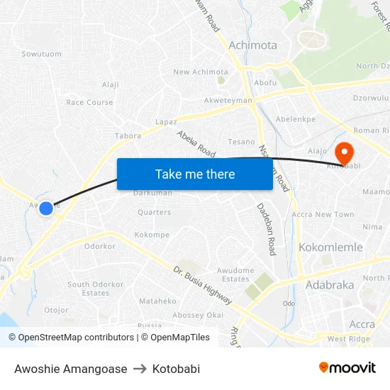 Awoshie Amangoase to Kotobabi map