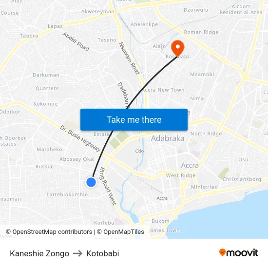 Kaneshie Zongo to Kotobabi map