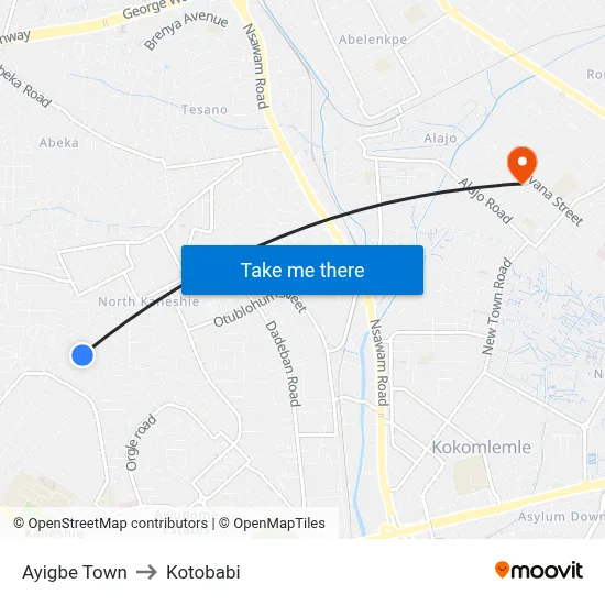 Ayigbe Town to Kotobabi map