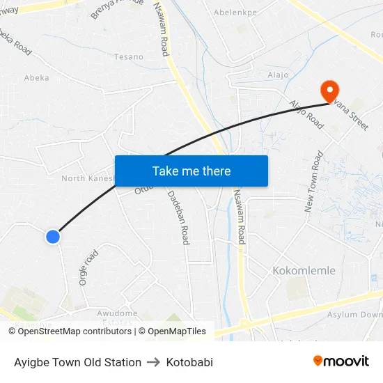 Ayigbe Town Old Station to Kotobabi map