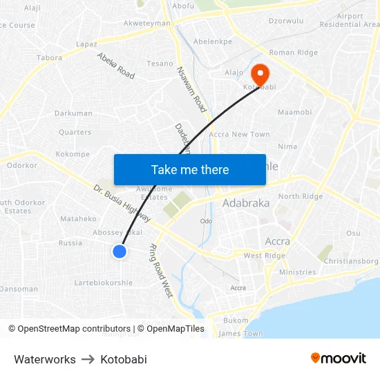 Waterworks to Kotobabi map