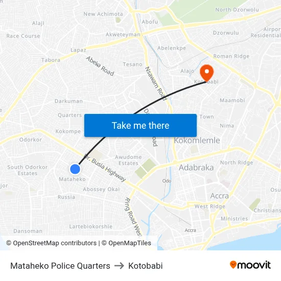 Mataheko Police Quarters to Kotobabi map