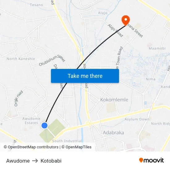 Awudome to Kotobabi map