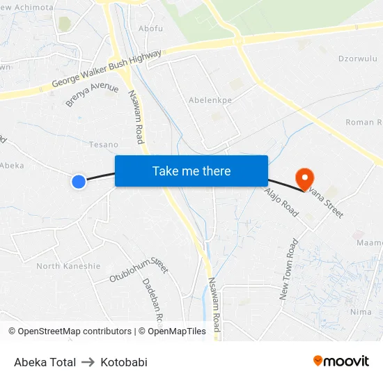 Abeka Total to Kotobabi map