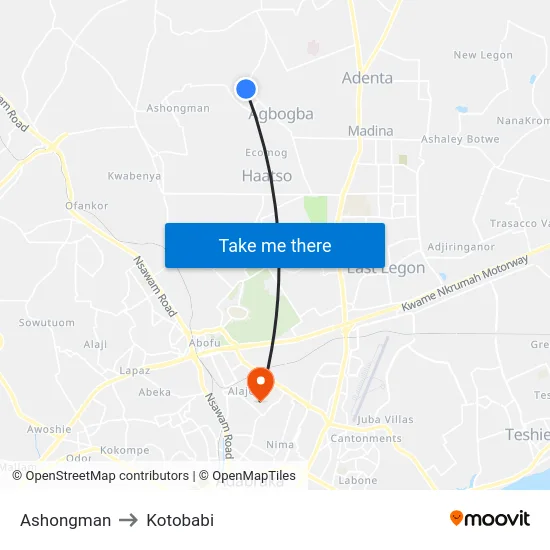 Ashongman to Kotobabi map