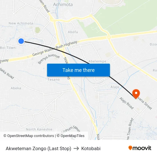 Akweteman Zongo (Last Stop) to Kotobabi map