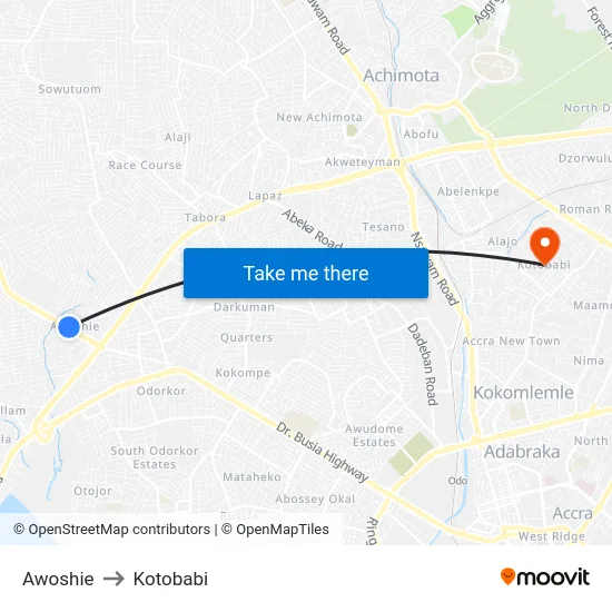 Awoshie to Kotobabi map