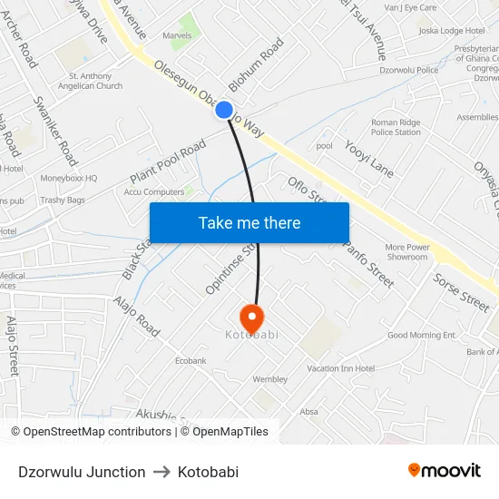 Dzorwulu Junction to Kotobabi map
