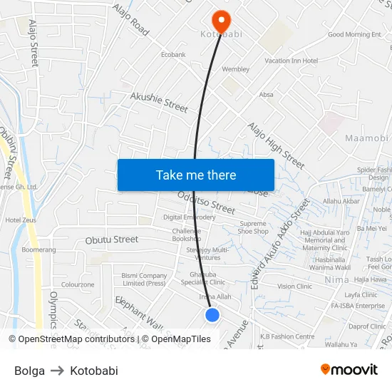 Bolga to Kotobabi map