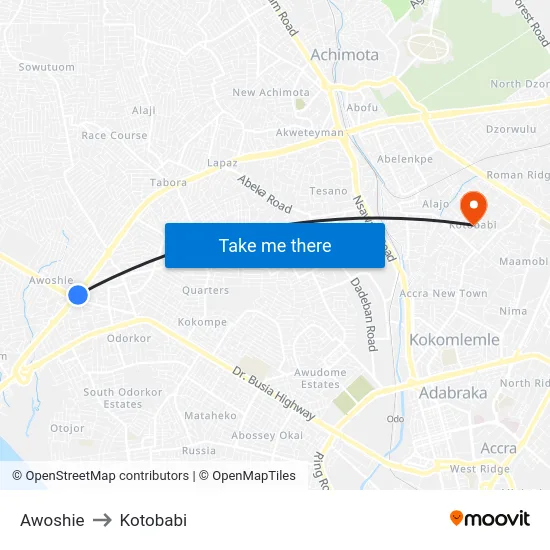 Awoshie to Kotobabi map