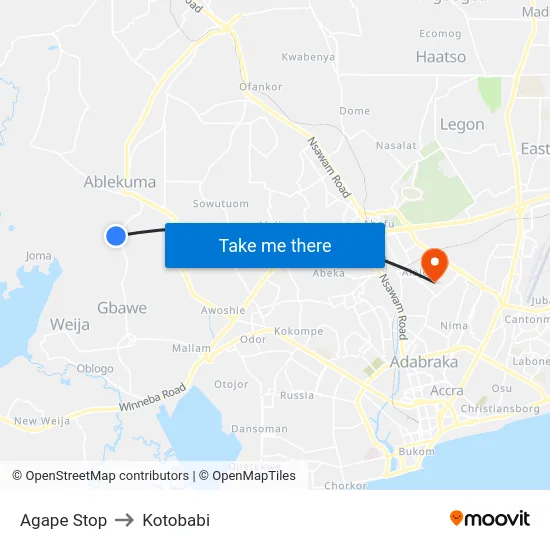 Agape Stop to Kotobabi map