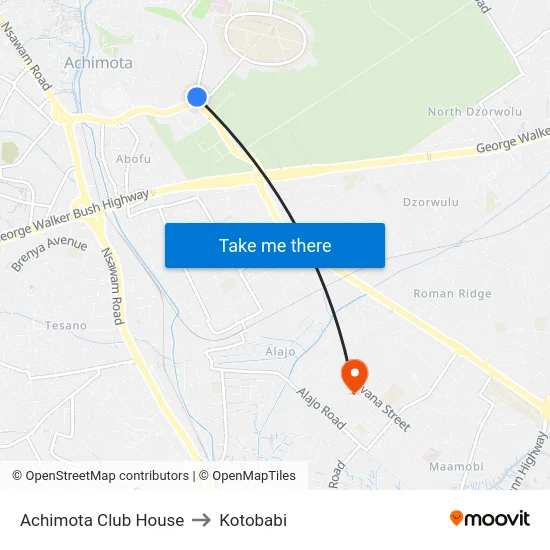 Achimota Club House to Kotobabi map