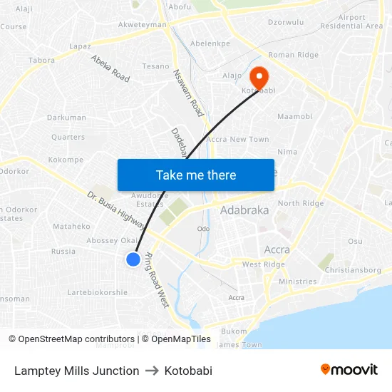 Lamptey Mills Junction to Kotobabi map
