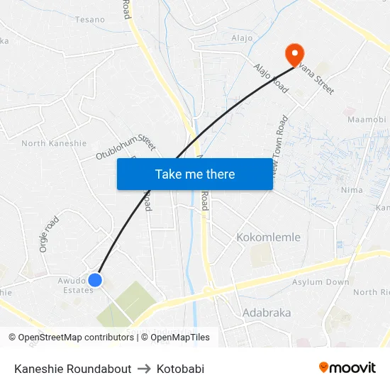 Kaneshie Roundabout to Kotobabi map
