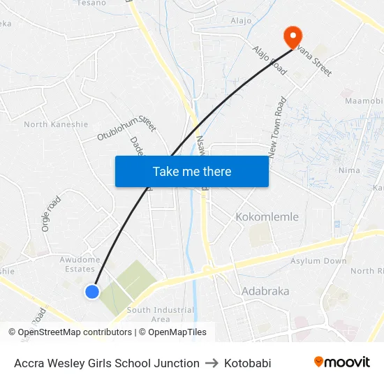 Accra Wesley Girls School Junction to Kotobabi map