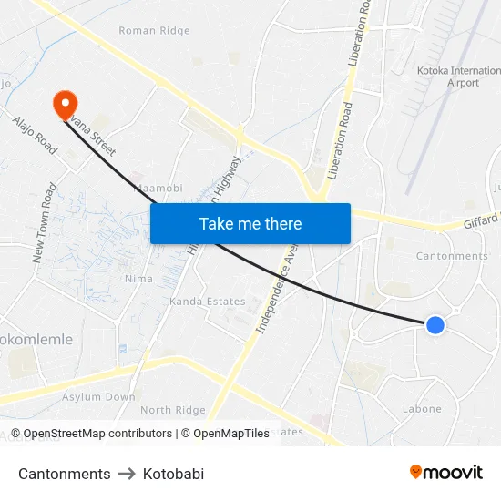 Cantonments to Kotobabi map