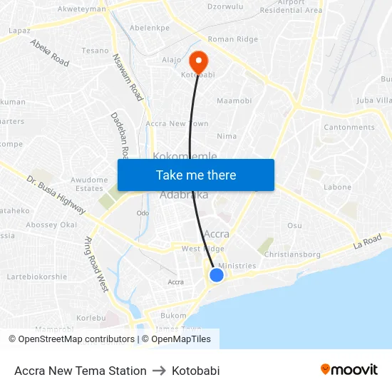 Accra New Tema Station to Kotobabi map