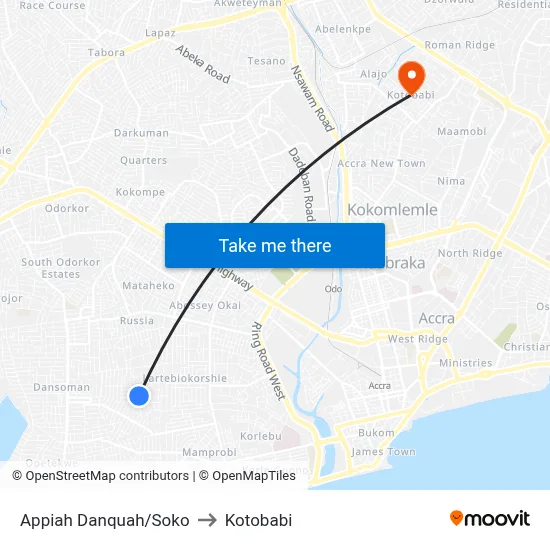 Appiah Danquah/Soko to Kotobabi map