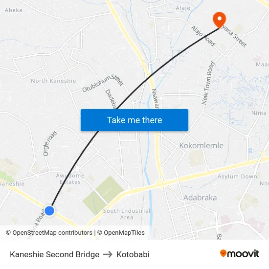 Kaneshie Second Bridge to Kotobabi map