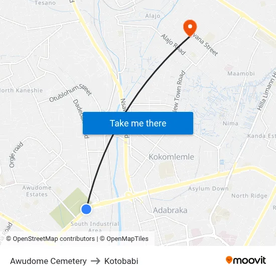 Awudome Cemetery to Kotobabi map
