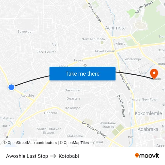 Awoshie Last Stop to Kotobabi map