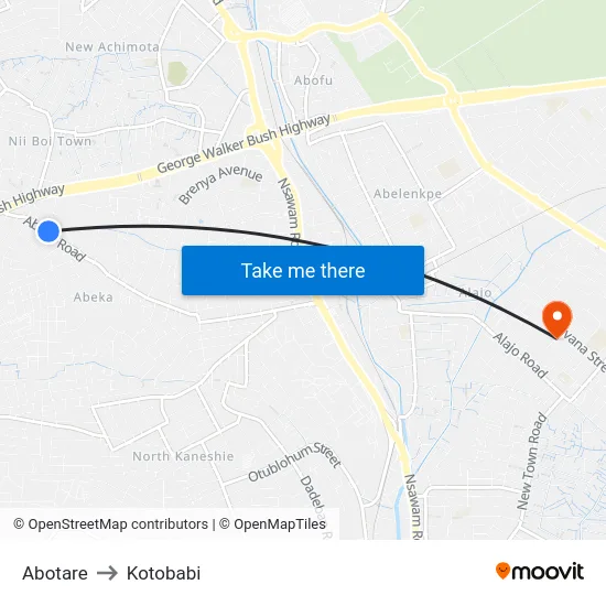 Abotare to Kotobabi map