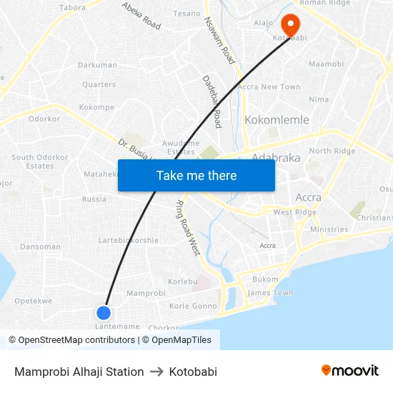 Mamprobi Alhaji Station to Kotobabi map