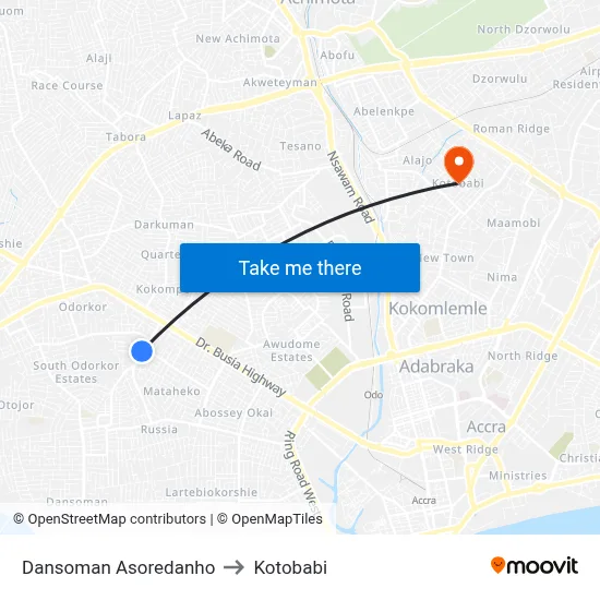 Dansoman Asoredanho to Kotobabi map