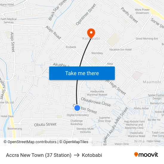 Accra New Town (37 Station) to Kotobabi map