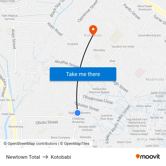 Newtown Total to Kotobabi map