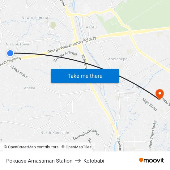 Pokuase-Amasaman Station to Kotobabi map