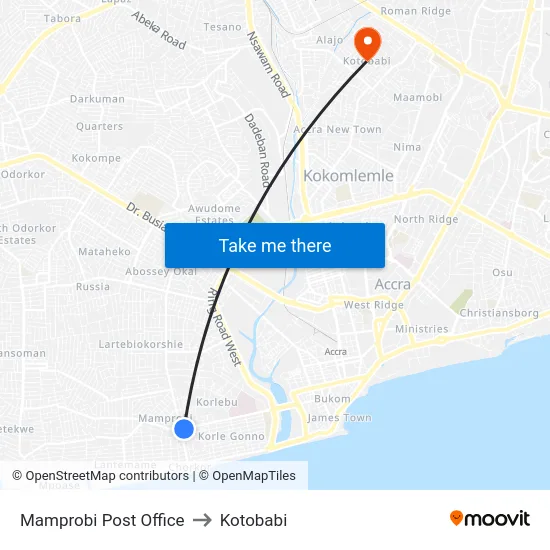 Mamprobi Post Office to Kotobabi map