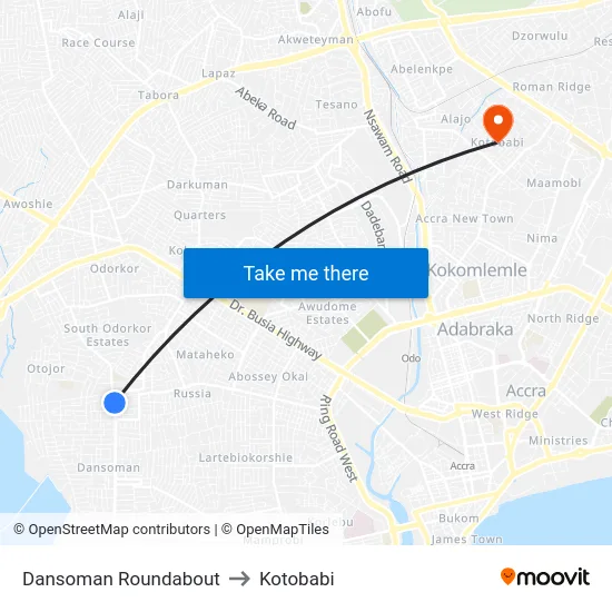 Dansoman Roundabout to Kotobabi map