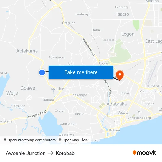 Awoshie Junction to Kotobabi map
