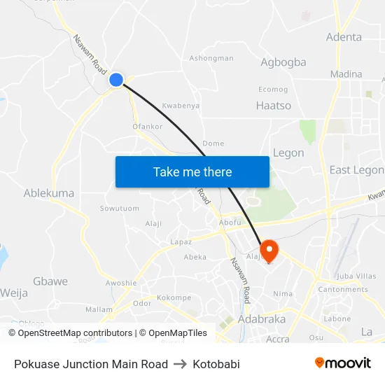 Pokuase Junction Main Road to Kotobabi map