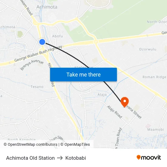 Achimota Old Station to Kotobabi map