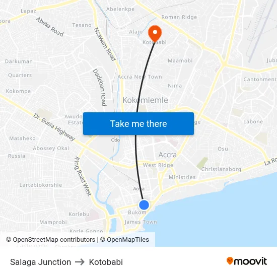 Salaga Junction to Kotobabi map