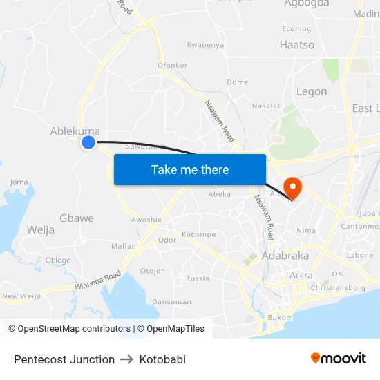 Pentecost Junction to Kotobabi map