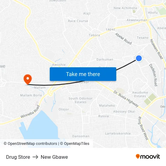 Drug Store to New Gbawe map