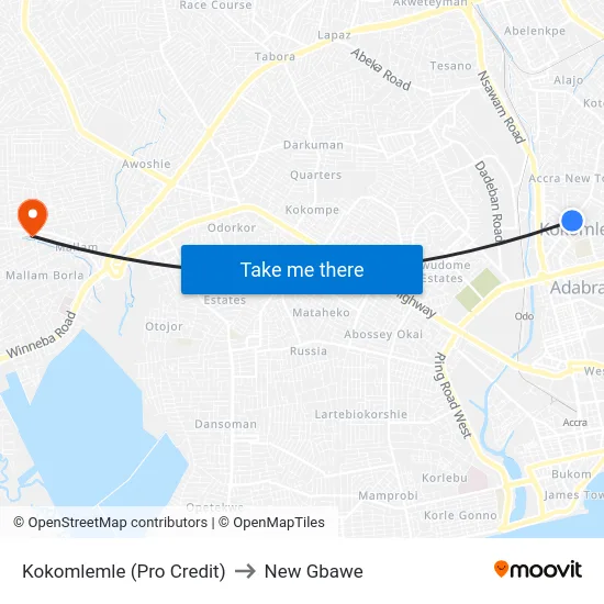 Kokomlemle (Pro Credit) to New Gbawe map
