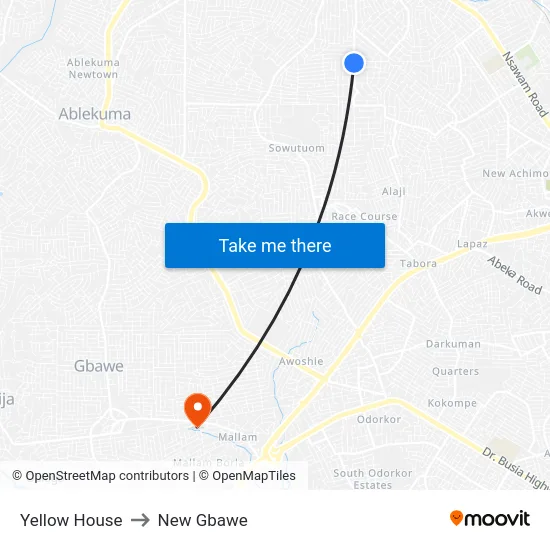 Yellow House to New Gbawe map