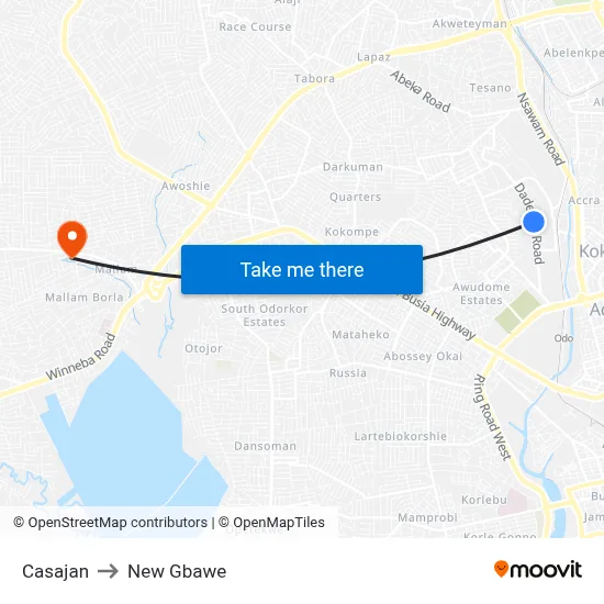 Casajan to New Gbawe map