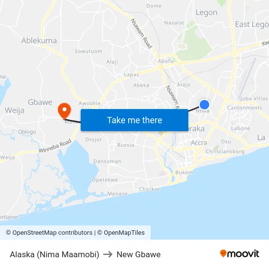 Alaska (Nima Maamobi) to New Gbawe map