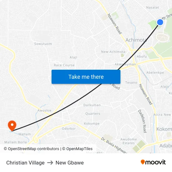 Christian Village to New Gbawe map