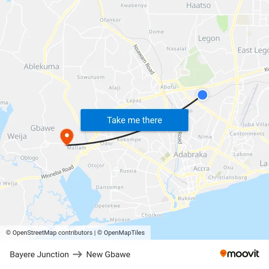 Bayere Junction to New Gbawe map