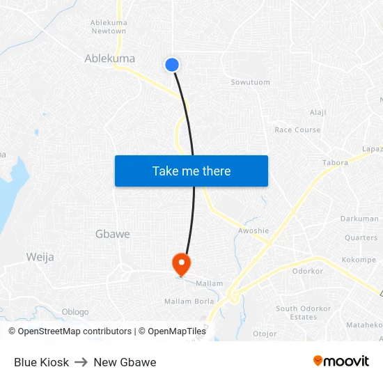 Blue Kiosk to New Gbawe map