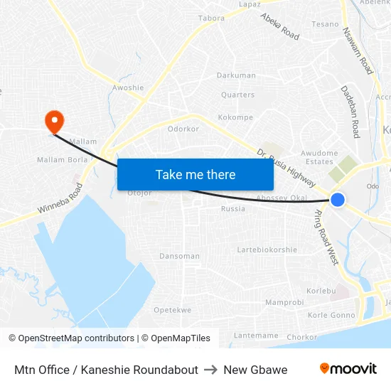 Mtn Office / Kaneshie Roundabout to New Gbawe map