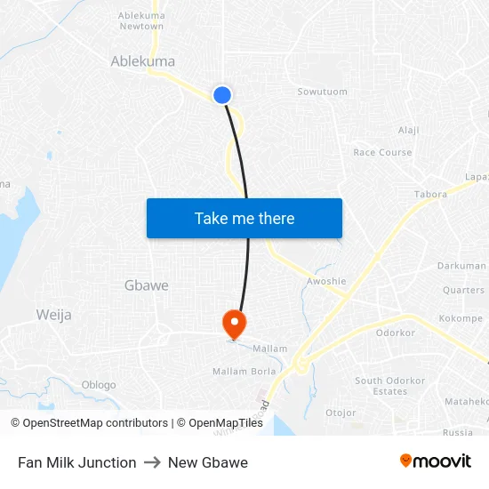 Fan Milk Junction to New Gbawe map